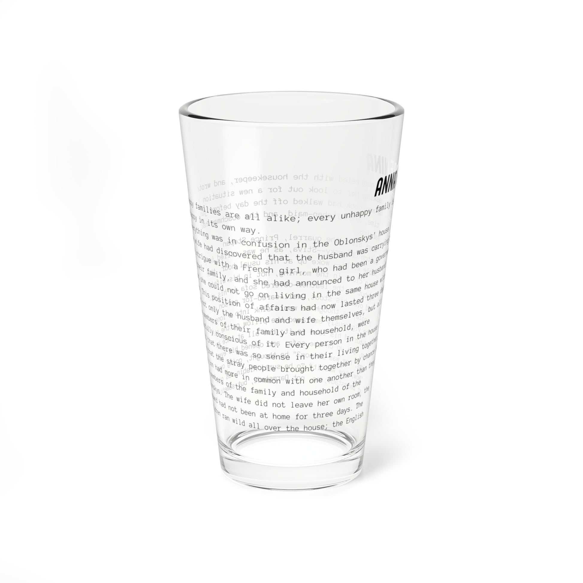 Pint Glass Featuring the Opening Passage of Anna Karenina by Leo Tolstoy