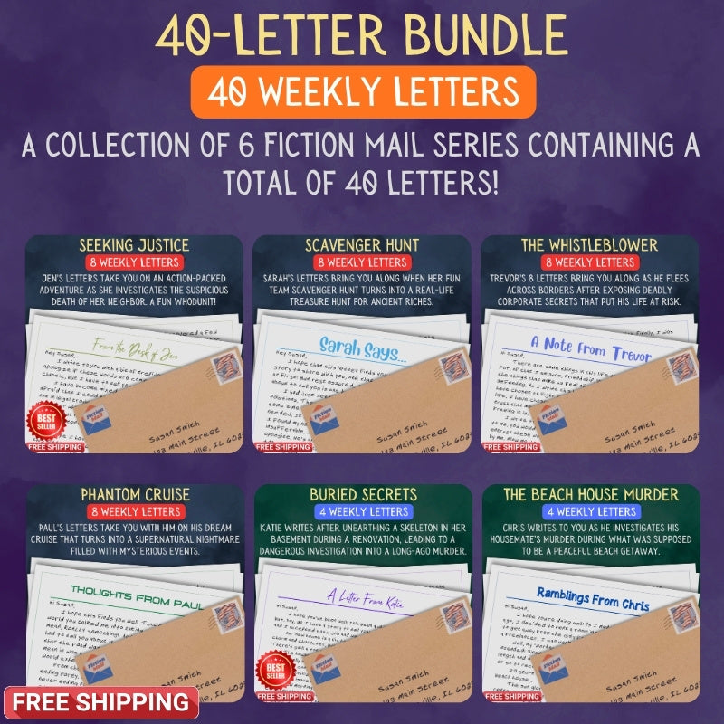Promotional graphic for a 40-letter bundle of Fiction Mail with six fiction mail series on a purple background.