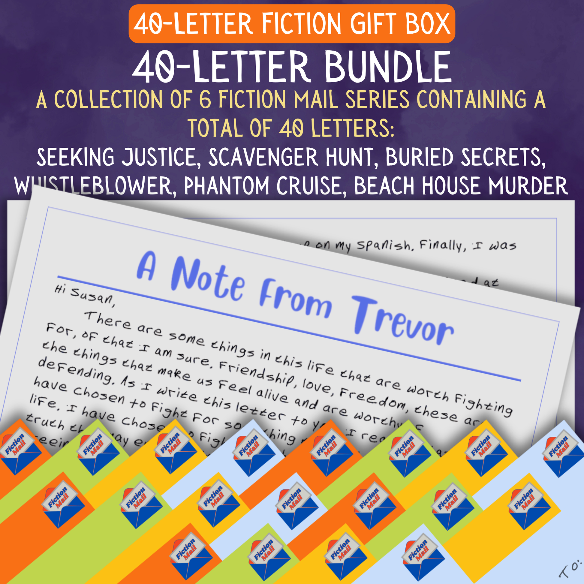 A fun fiction gift box with 40 personalized letters tied with twine in colorful envelopes
