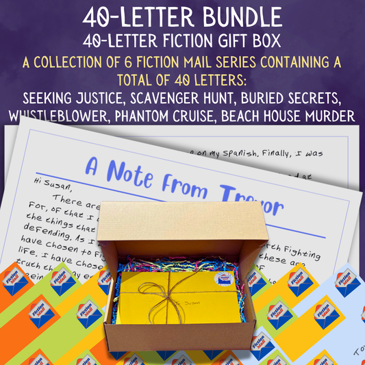 Huge fiction gift box with 40 personalized letters tied with twine in colorful envelopes