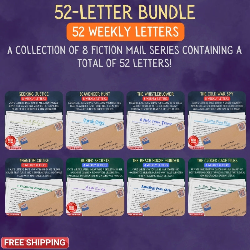 Promotional graphic for a 52-letter bundle of Fiction Mail with various fiction mail series on a purple background.