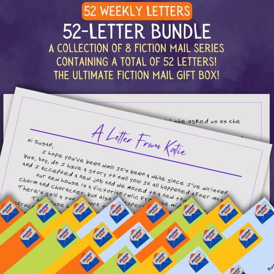 Promotional Graphic for Fiction Mail 52 Letter Bundle of Stories as Letters