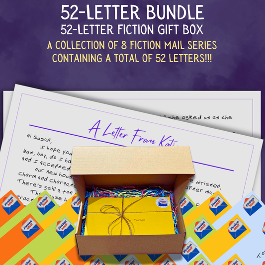Gigantic fiction gift box with 52 personalized letters tied with twine in colorful envelopes