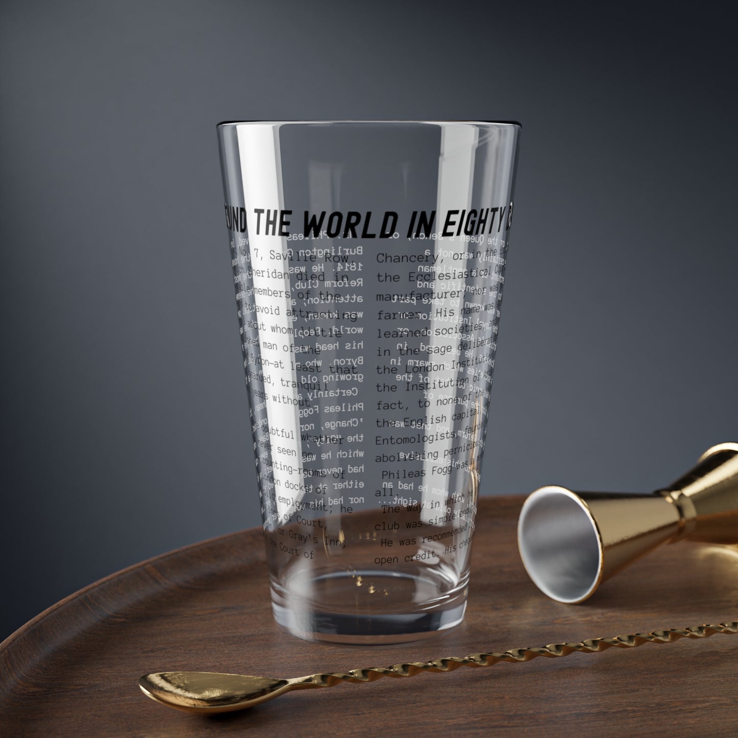 Pint Glass Featuring the Opening Passage of Around the World in Eighty Days by Jules Verne