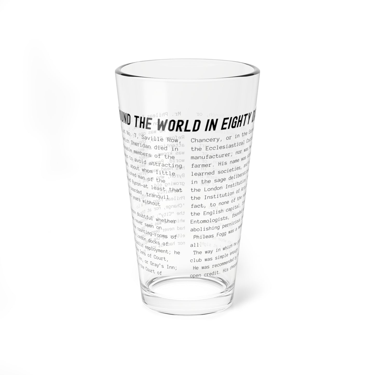 Pint Glass Featuring the Opening Passage of Around the World in Eighty Days by Jules Verne