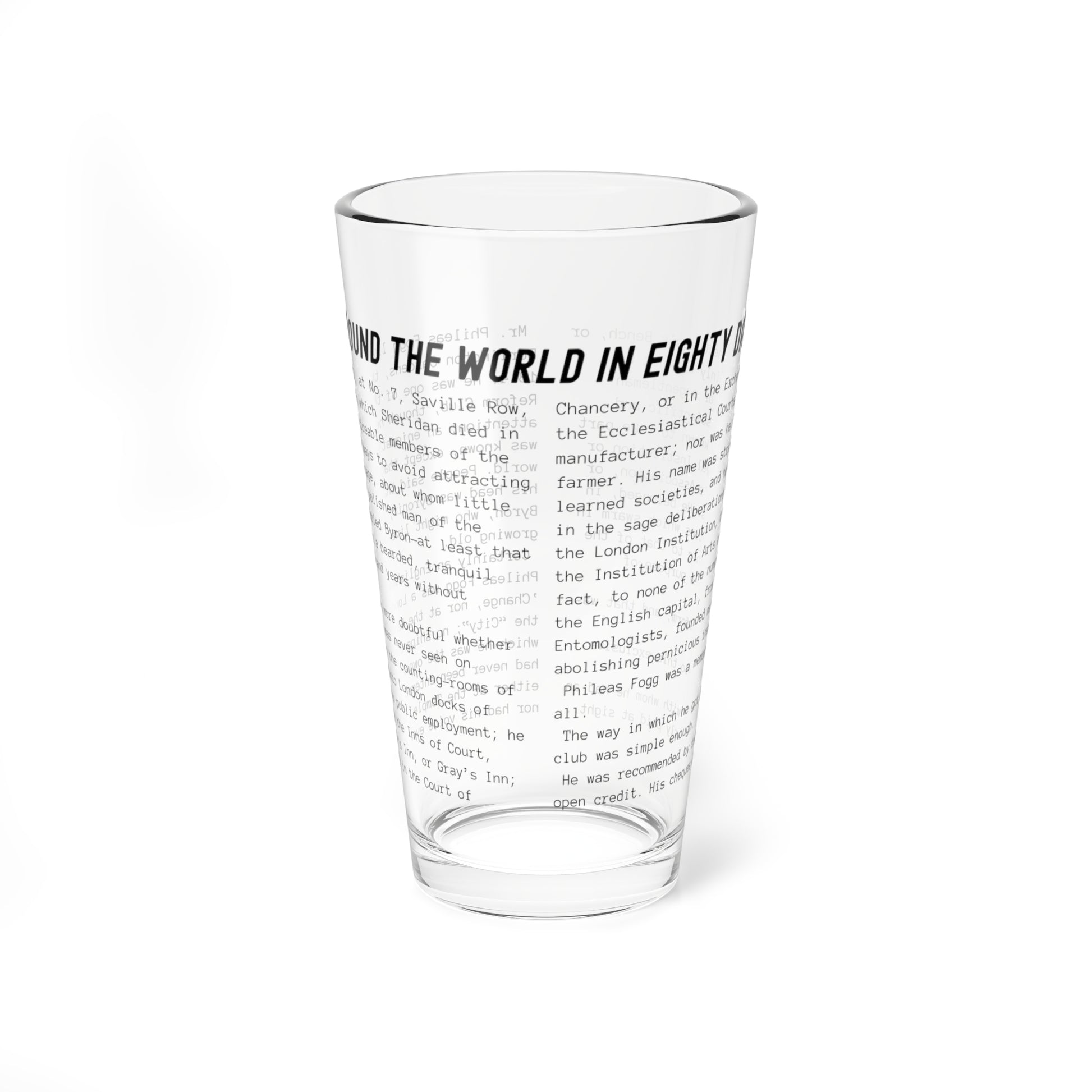 Pint Glass Featuring the Opening Passage of Around the World in Eighty Days by Jules Verne