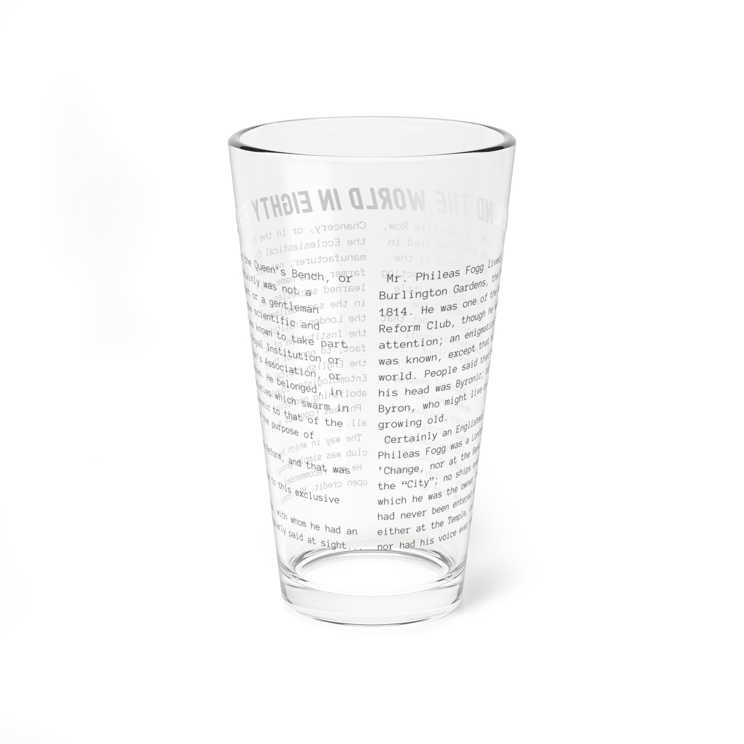 Pint Glass Featuring the Opening Passage of Around the World in Eighty Days by Jules Verne