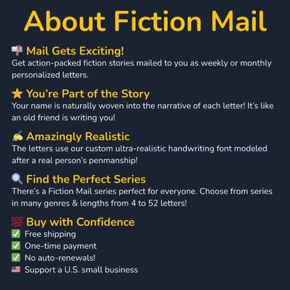 A list of features and benefits of Fiction Mail, including mail gets exciting, you’re part of the story, and being amazingly realistic.