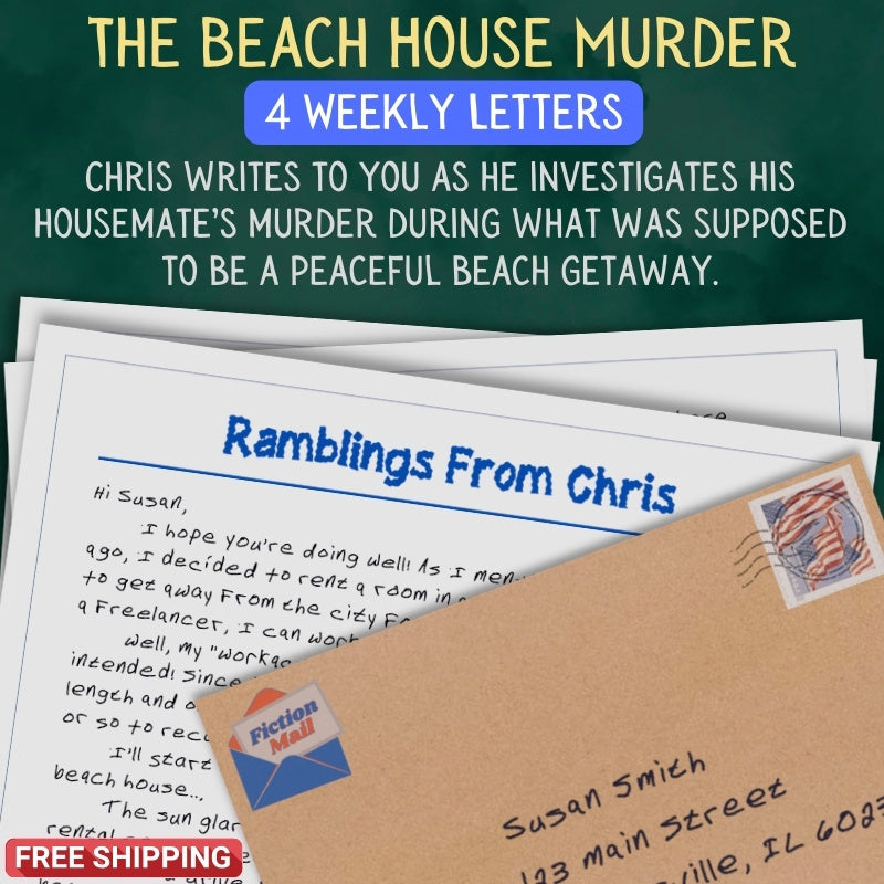 Personalized Beach House Murder letter from Chris with realistic handwriting next to addressed envelope