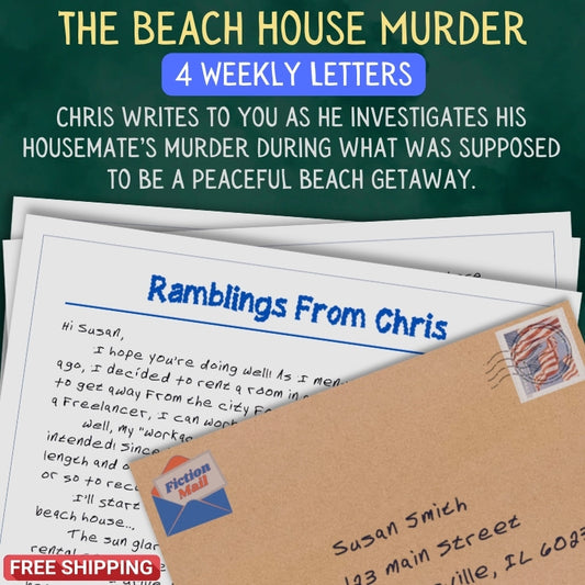 Personalized Beach House Murder letter from Chris with realistic handwriting next to addressed envelope