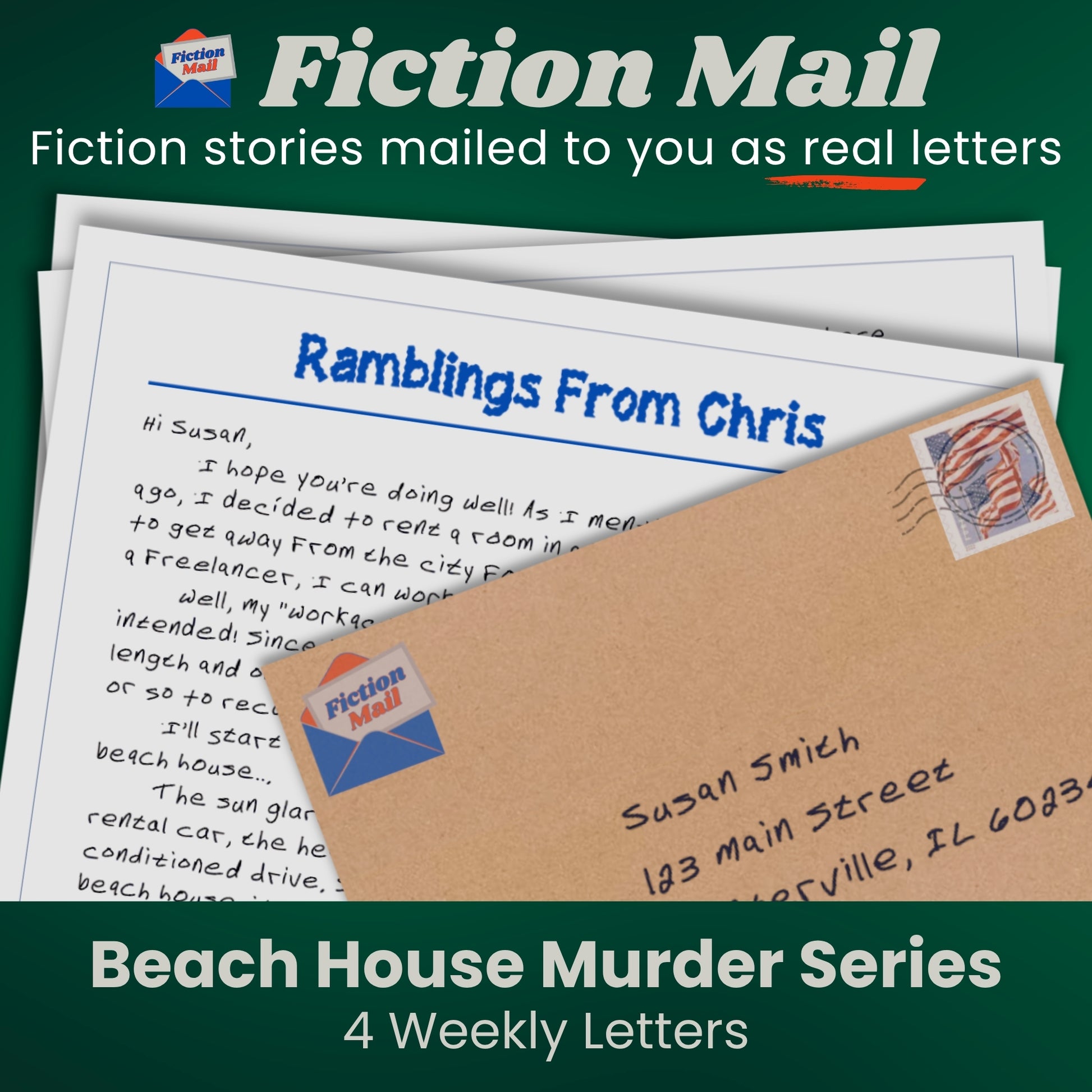Image of a letter and envelope in our custom handwriting font from the Beach House Murder series of Fiction Mail stories as letters.