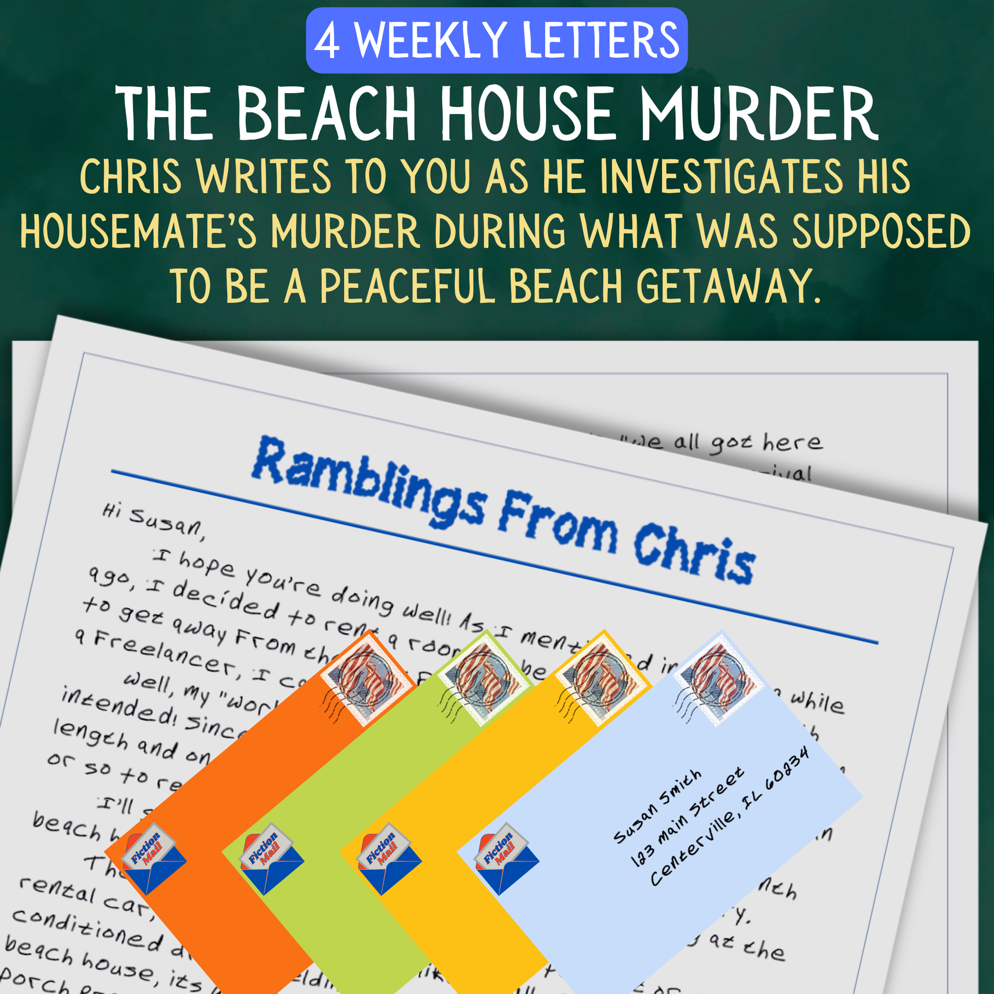Promotional Graphic for Fiction Mail Beach House Murder Series of Stories as Letters
