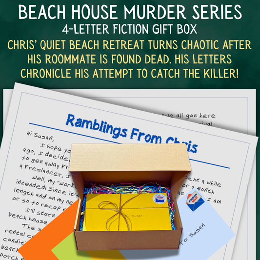 Beach House Murder whodunit fiction gift box with 4 personalized letters tied with twine in colorful envelopes