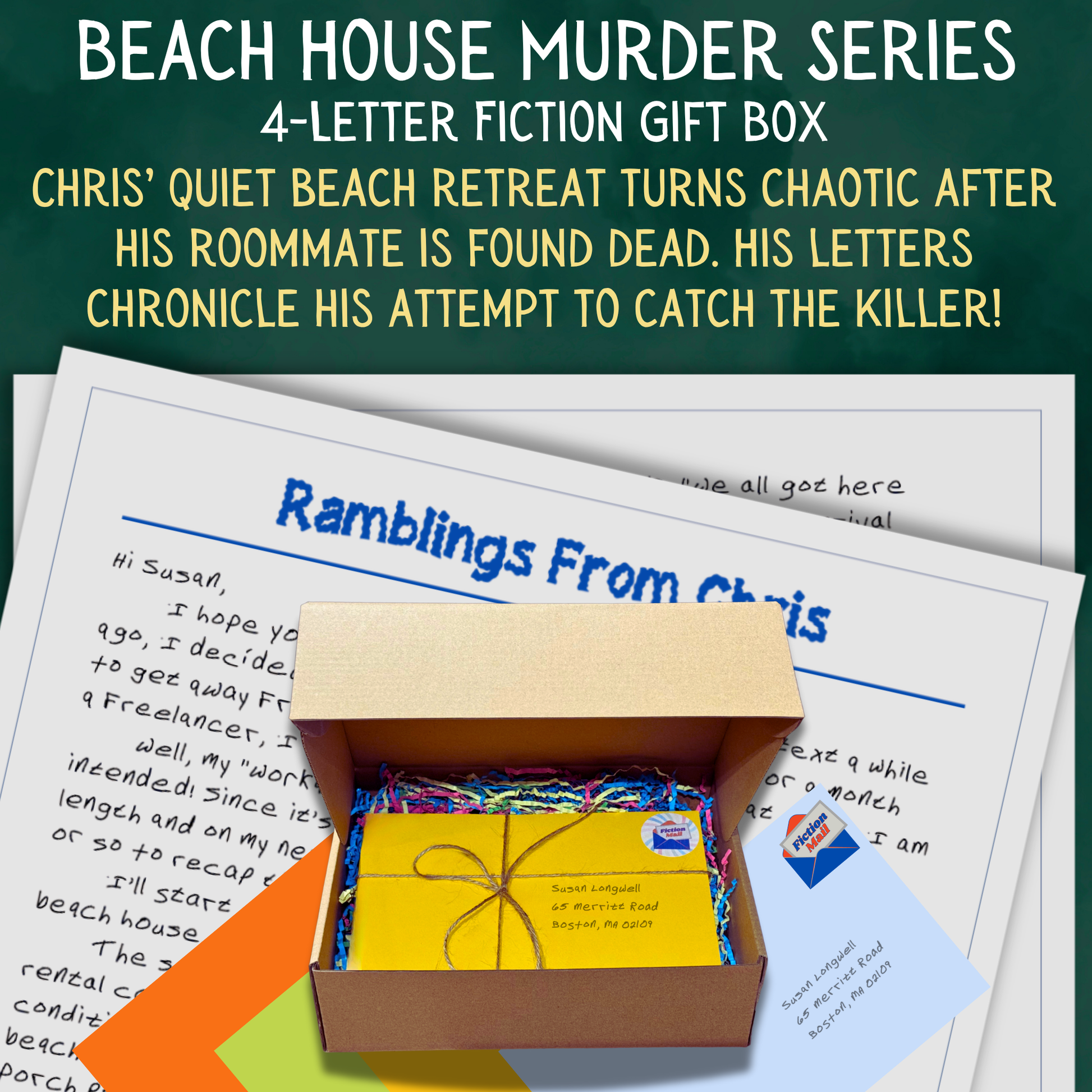 Beach House Murder fiction gift box with 4 personalized letters tied with twine in colorful envelopes