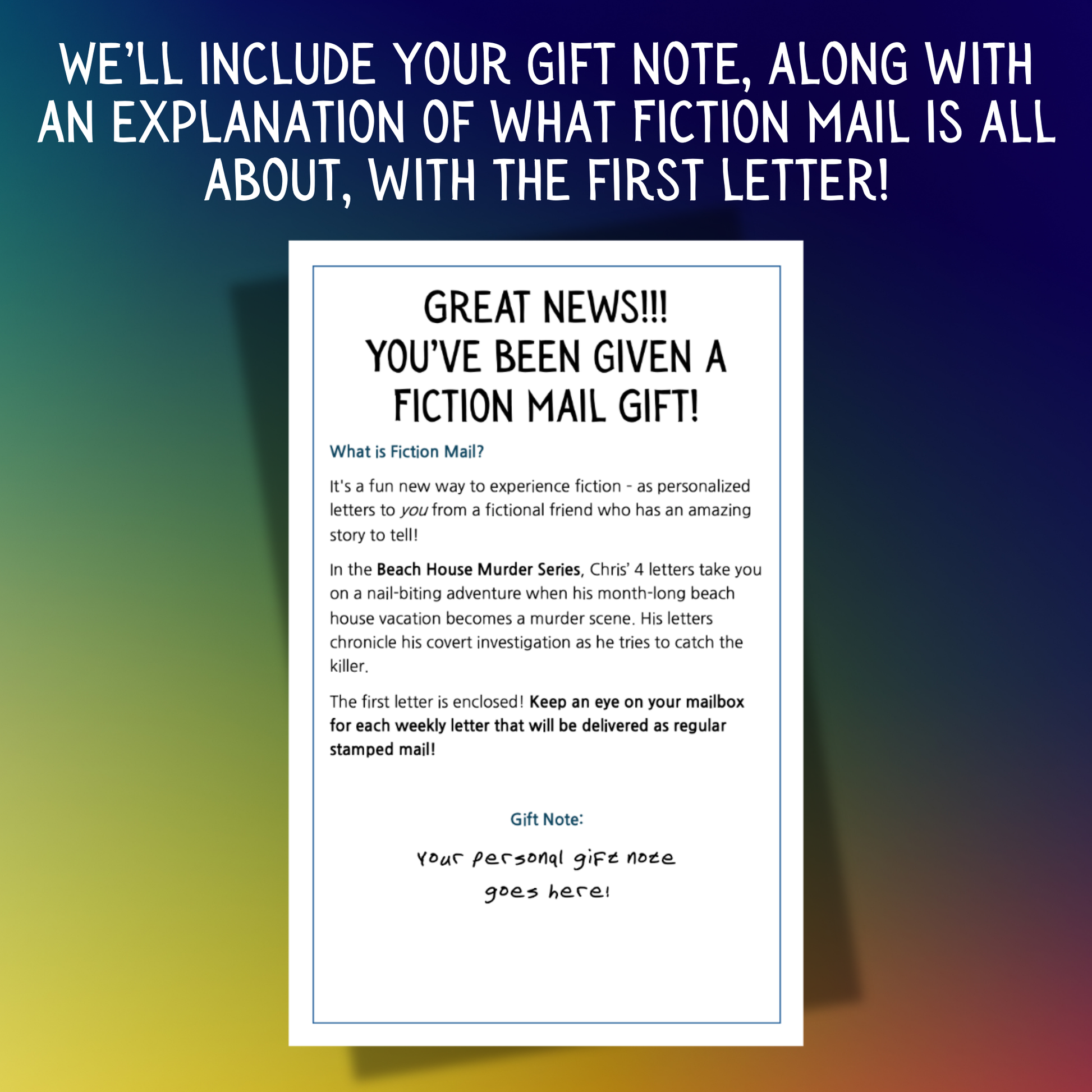 Example of a Gift Note for Fiction Mail Beach House Murder Series of Stories as Letters