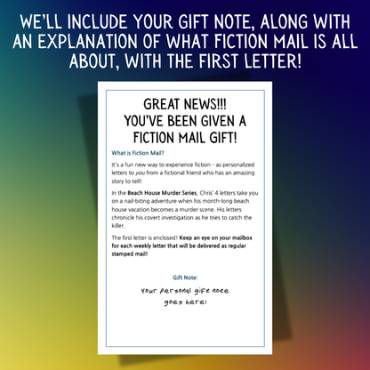 Example of a Gift Note for Fiction Mail Beach House Murder Series of Stories as Letters