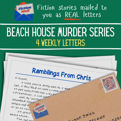 Promotional graphic for a fiction letter series product titled 'Beach House Murder Series 4 Weekly Letters' from Fiction Mall. The design features a dark green background with white and yellow text, showing several sample letters and envelopes, including one envelope labeled 'Ramblings From Chris' with a Fiction Mall stamp.