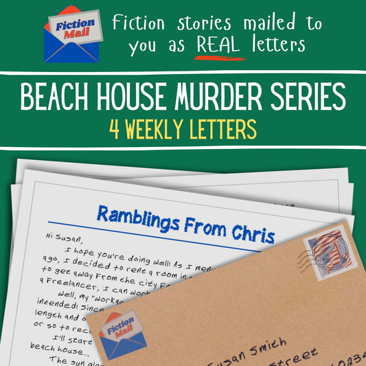 Promotional graphic for a fiction letter series product titled 'Beach House Murder Series 4 Weekly Letters' from Fiction Mall. The design features a dark green background with white and yellow text, showing several sample letters and envelopes, including one envelope labeled 'Ramblings From Chris' with a Fiction Mall stamp.
