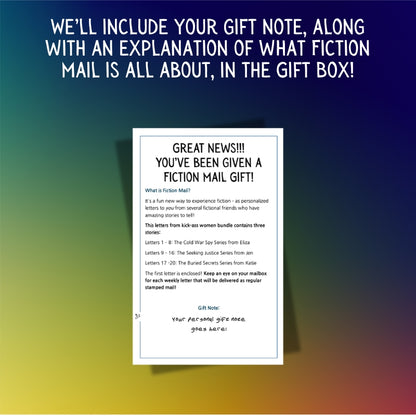 Gift note with information about fiction mail on a gradient background