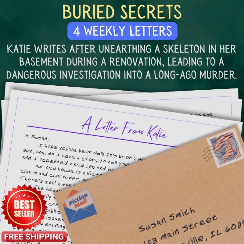 Personalized Buried Secrets letter from Katie with realistic handwriting next to addressed envelope