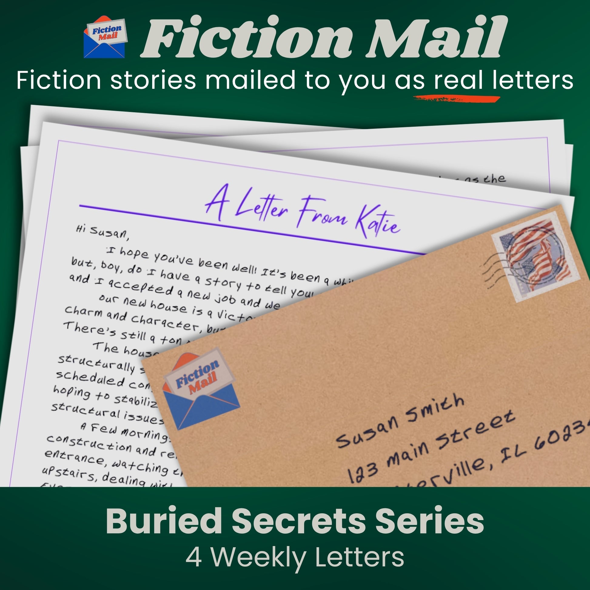 Image of a letter and envelope in our custom handwriting font from the Buried Secrets series of Fiction Mail stories as letters.