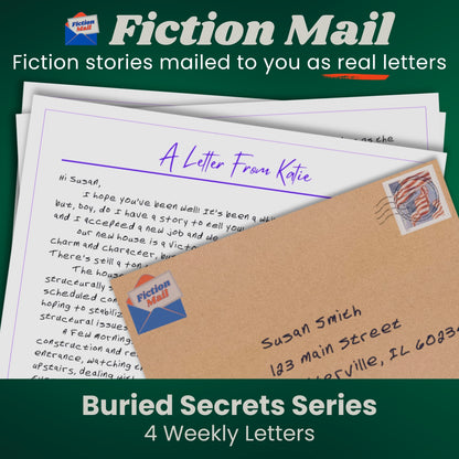 Image of a letter and envelope in our custom handwriting font from the Buried Secrets series of Fiction Mail stories as letters.