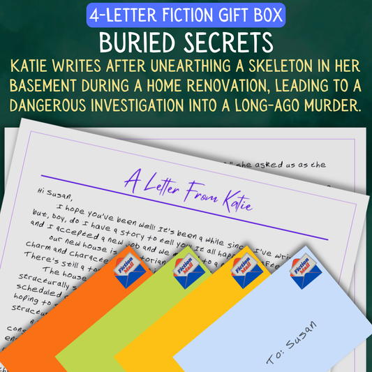 Buried Secrets fiction gift box with 4 personalized letters tied with twine in colorful envelopes