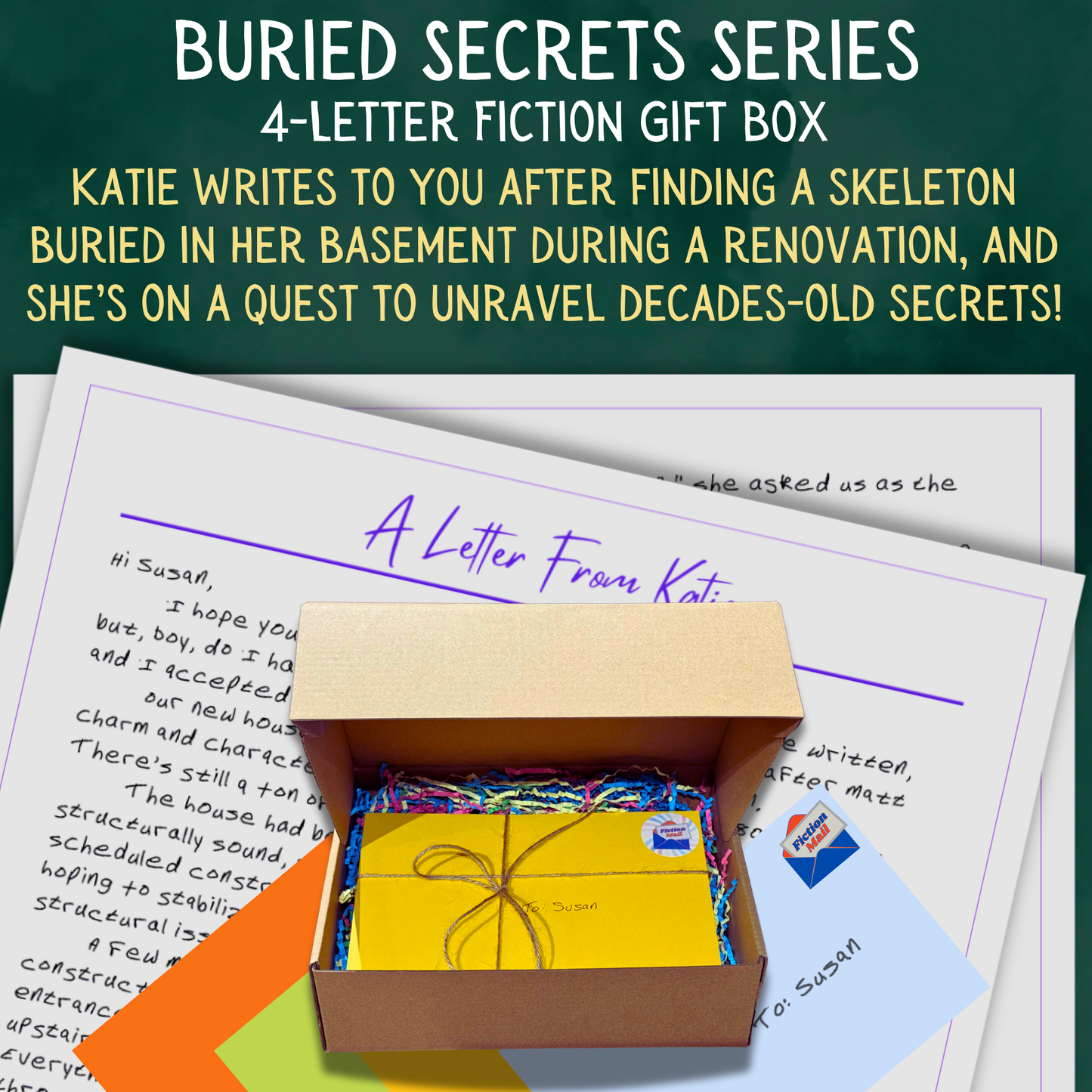 Buried Secrets whodunit fiction gift box with 4 personalized letters tied with twine in colorful envelopes