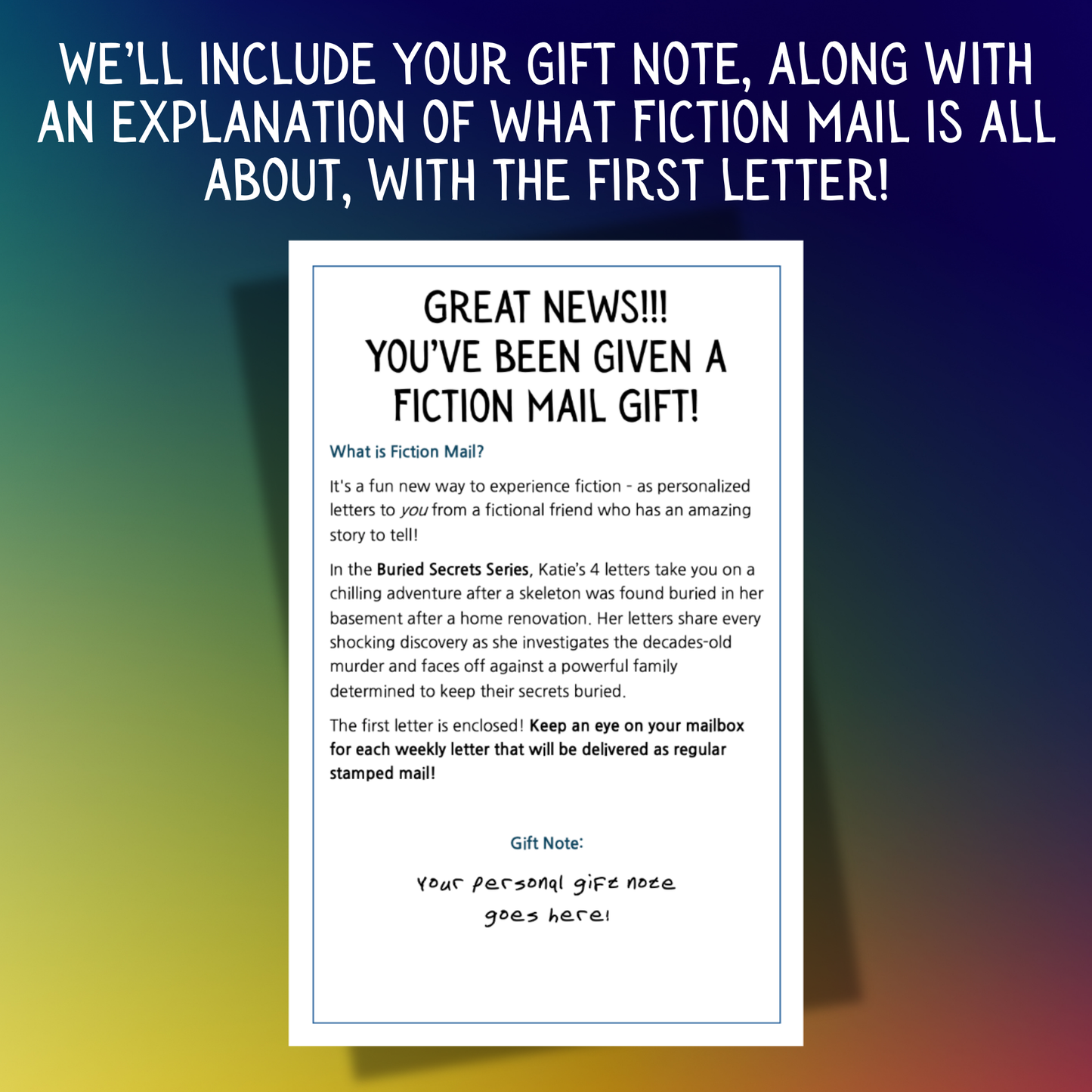 Example of a Gift Note for Fiction Mail Buried Secrets Series of Stories as Letters