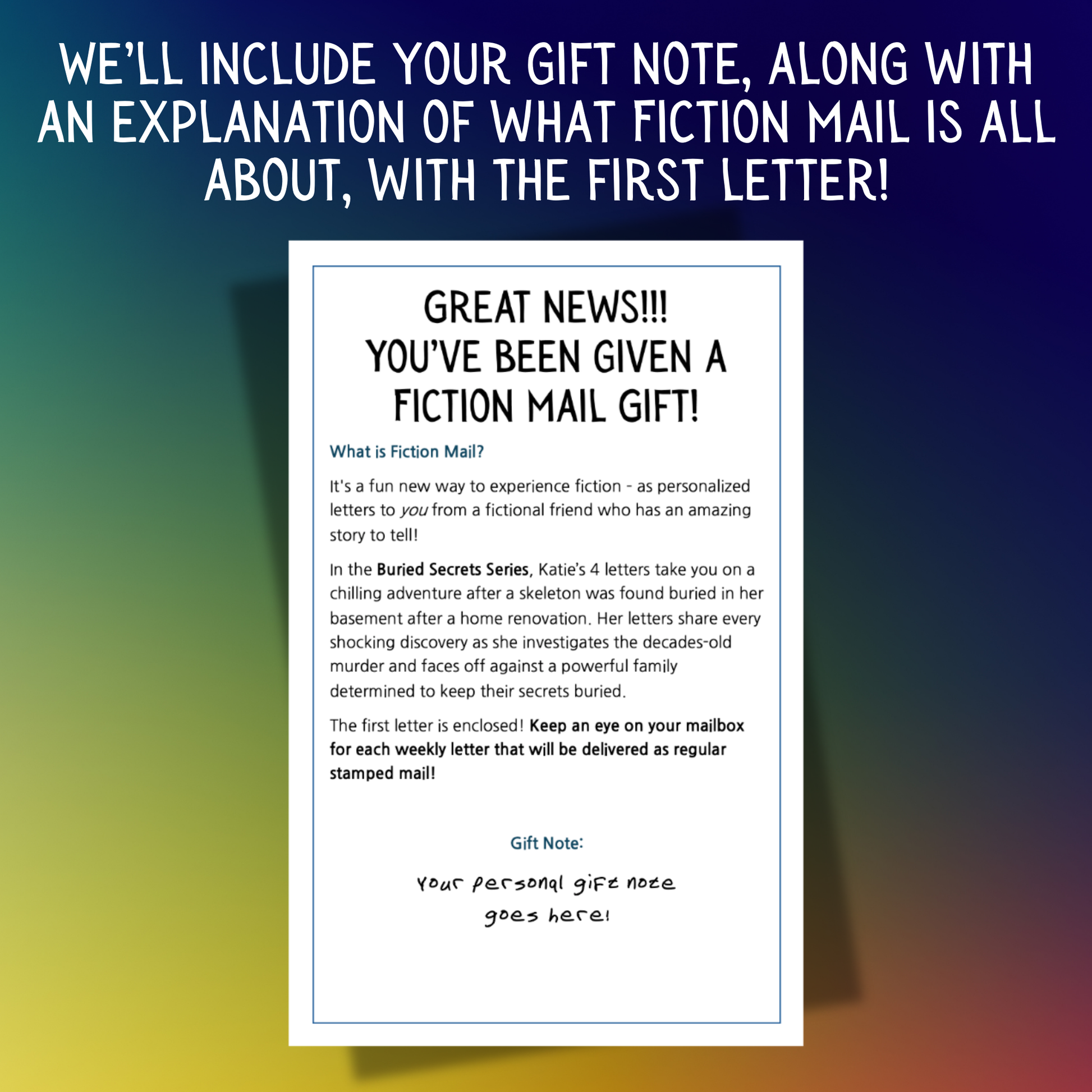Example of a Gift Note for Fiction Mail Buried Secrets Series of Stories as Letters