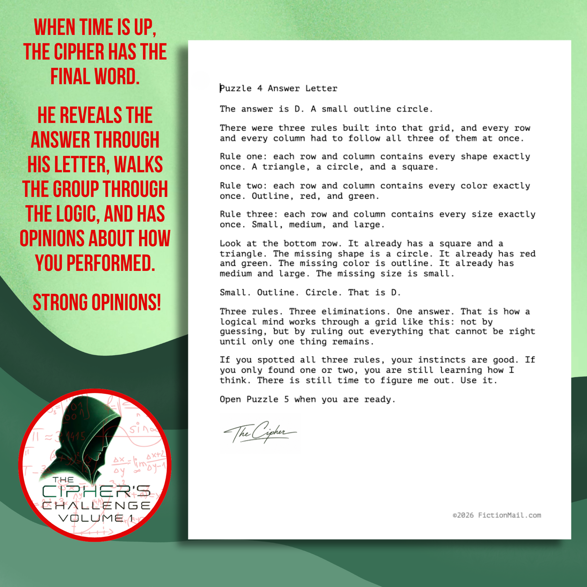 Answer letter from The Cipher revealing the solution to a logic puzzle in The Cipher's Challenge