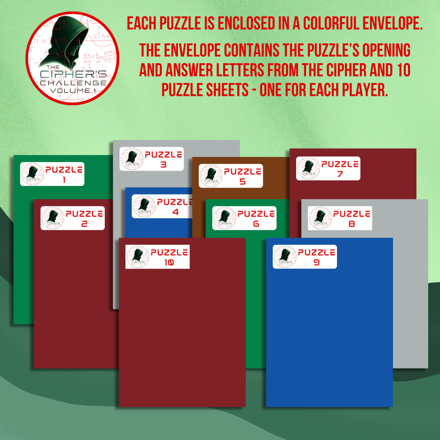 Ten colorful sealed puzzle envelopes from The Cipher's Challenge logic puzzle party game