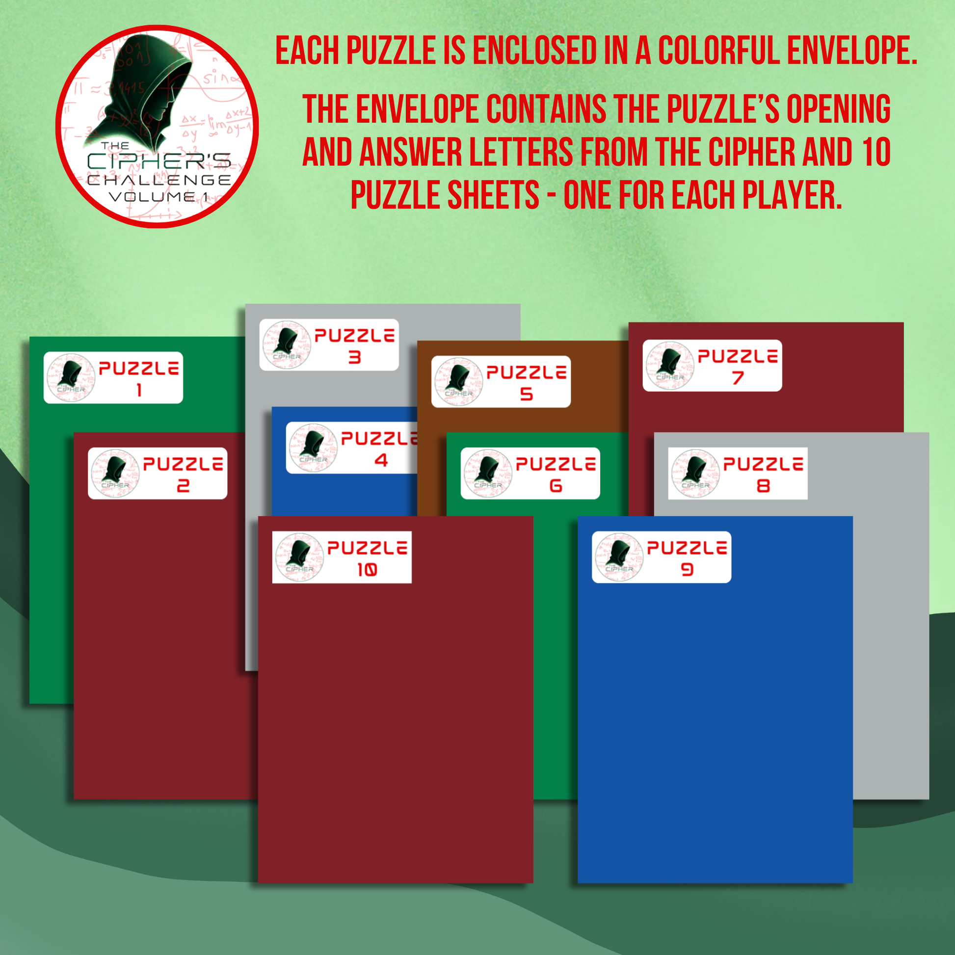 Ten colorful sealed puzzle envelopes from The Cipher's Challenge logic puzzle party game