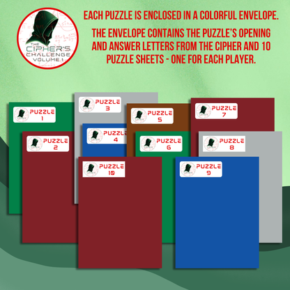 Ten colorful sealed puzzle envelopes from The Cipher's Challenge logic puzzle party game