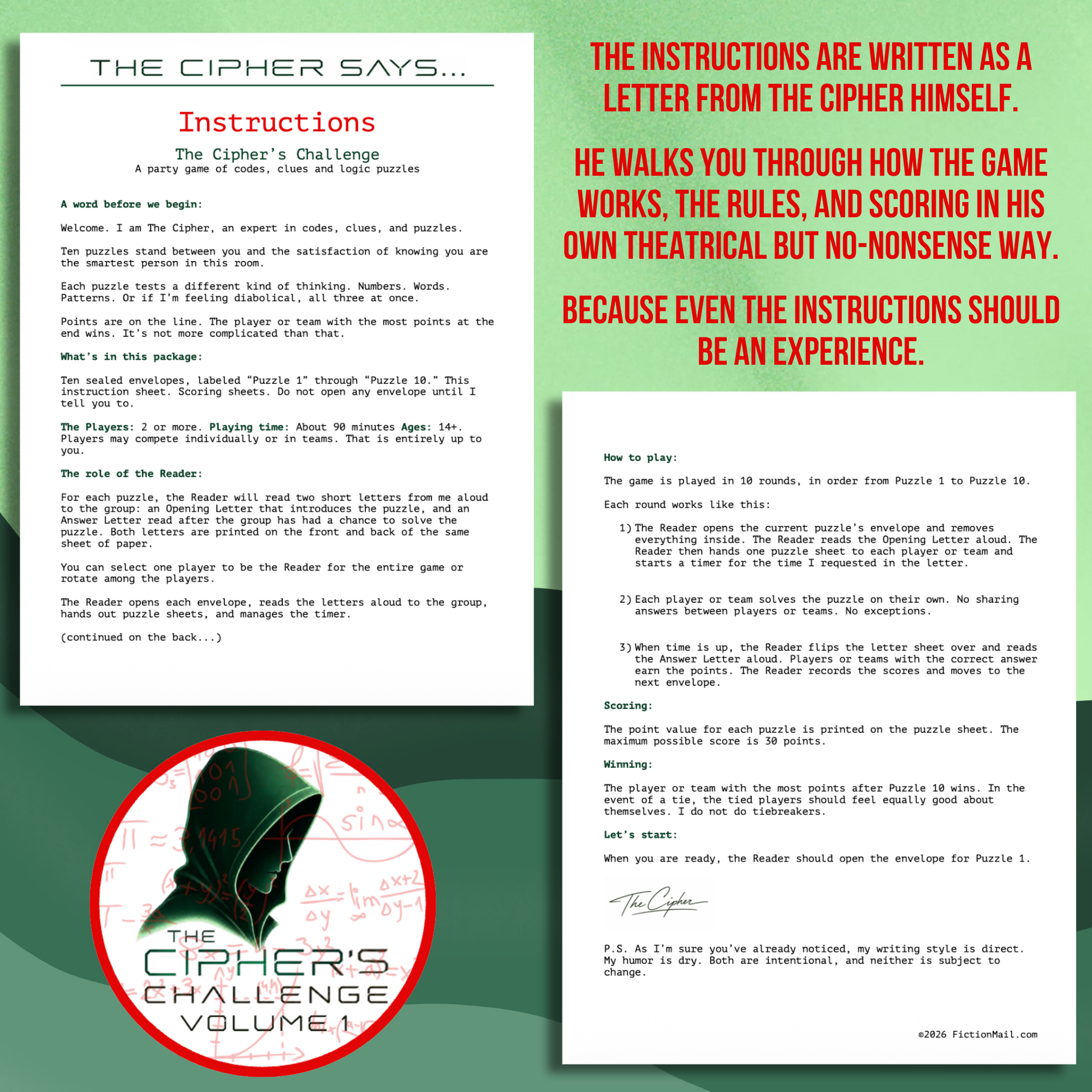 Instruction sheet written as a letter from The Cipher for The Cipher's Challenge party game