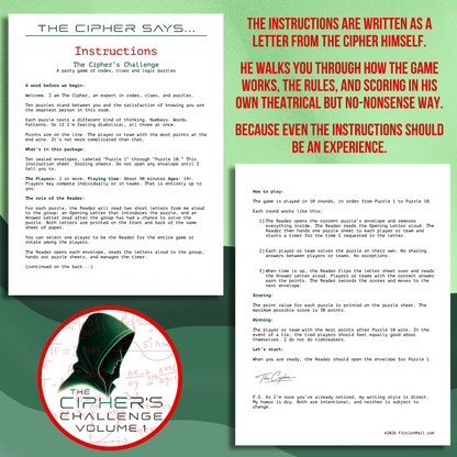 Instruction sheet written as a letter from The Cipher for The Cipher's Challenge party game