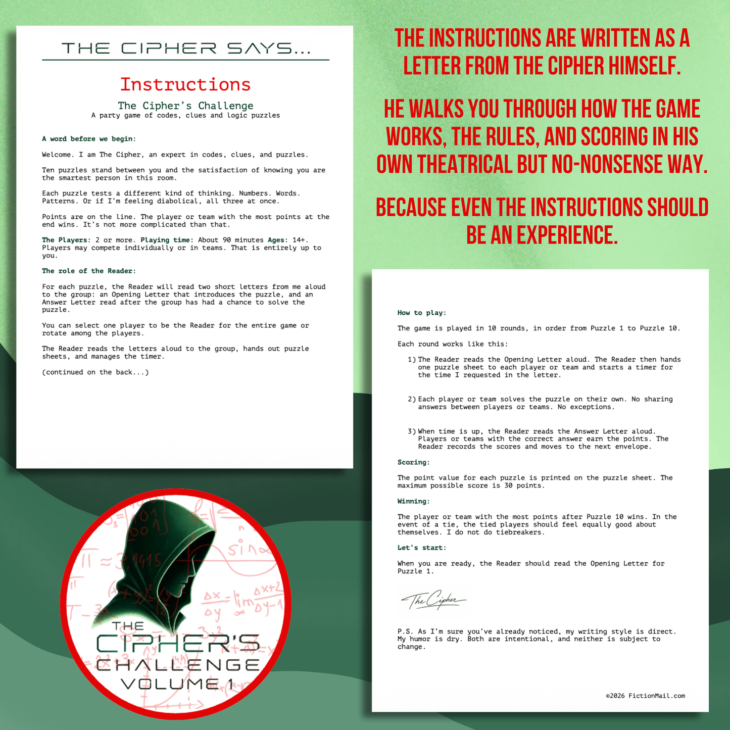 Instructions for the instant digital download version of The Cipher's Challenge party puzzle game.