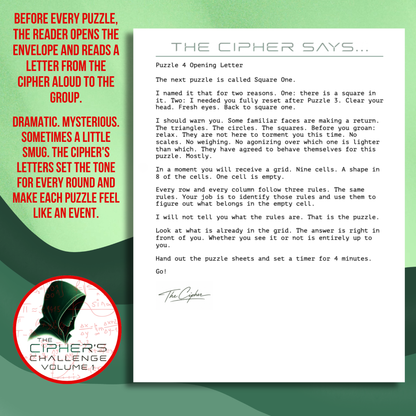 Opening letter from The Cipher introducing a logic puzzle in The Cipher's Challenge party game