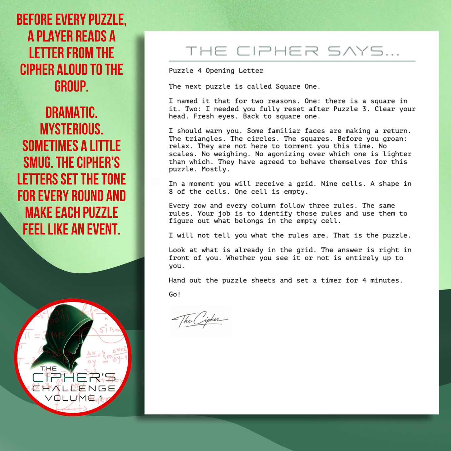 Printable opening letter from The Cipher introducing a logic puzzle in The Cipher's Challenge