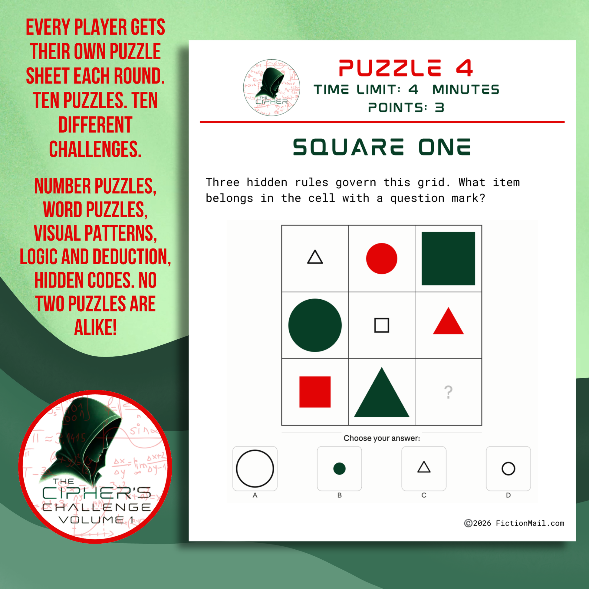 Printable logic puzzle sheet from The Cipher's Challenge showing Square One visual pattern puzzle