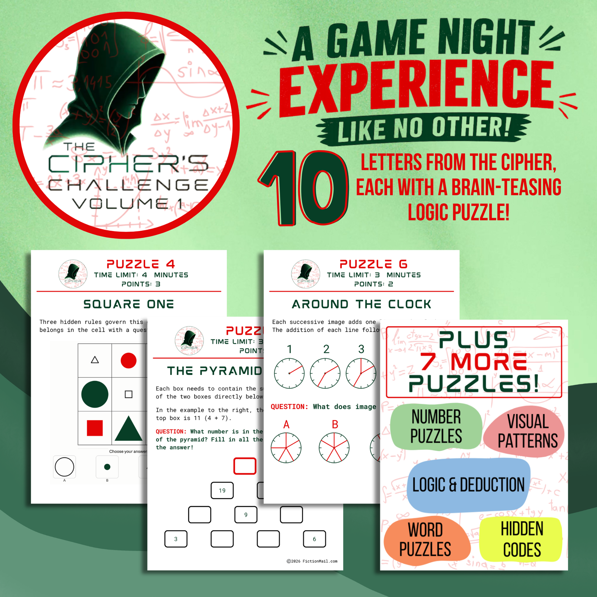 The Cipher's Challenge party game box — a game night experience like no other with 10 logic puzzles
