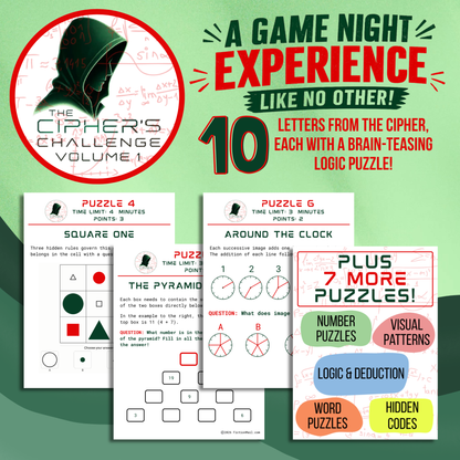 The Cipher's Challenge party game box — a game night experience like no other with 10 logic puzzles