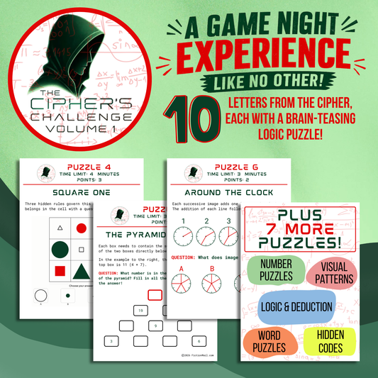 The Cipher's Challenge party game box — a game night experience like no other with 10 logic puzzles
