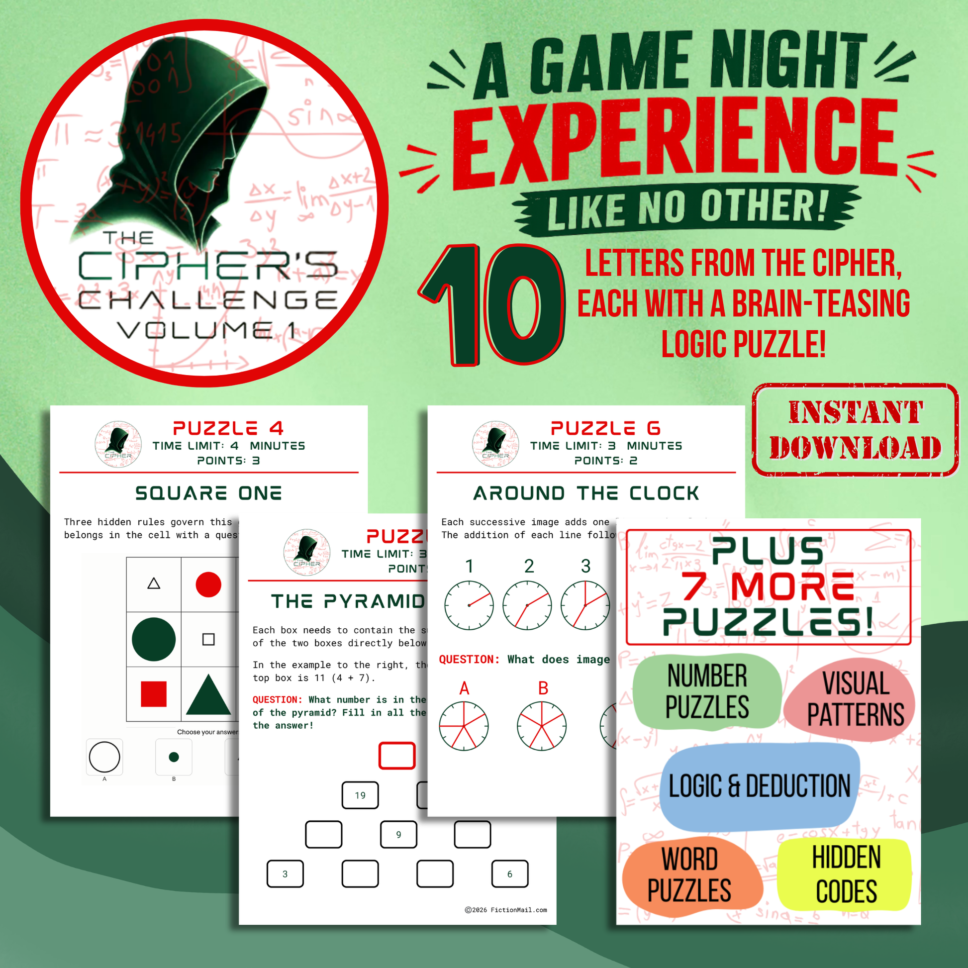 The Cipher's Challenge printable digital download, a logic puzzle party game for game night