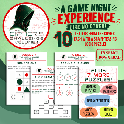 The Cipher's Challenge printable digital download, a logic puzzle party game for game night