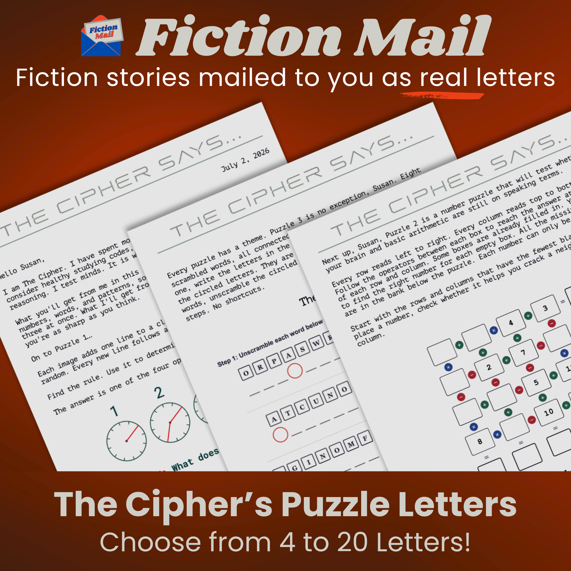 The Cipher's Puzzle Letters promotional graphic for puzzles sent as real letters.