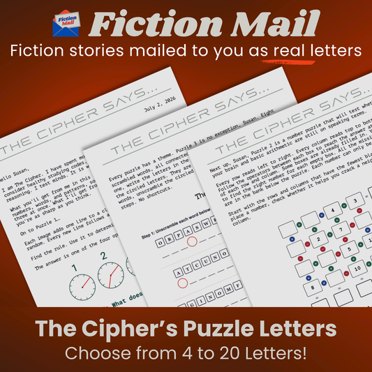 The Cipher's Puzzle Letters promotional graphic for puzzles sent as real letters.