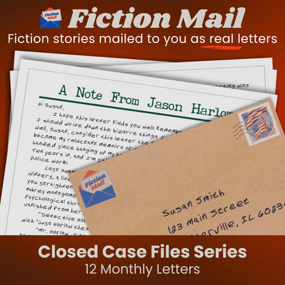 Image of a letter and envelope in our custom handwriting font from the Closed Case Files series of Fiction Mail stories as letters.