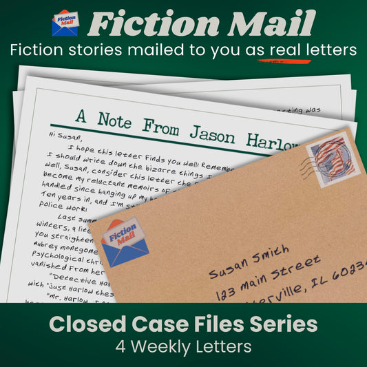 Image of a letter and envelope in our custom handwriting font from the Closed Case Files series of Fiction Mail stories as letters.