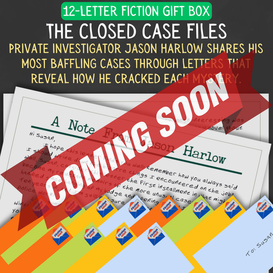 Detective fiction gift box with 12 personalized letters tied with twine in colorful envelopes